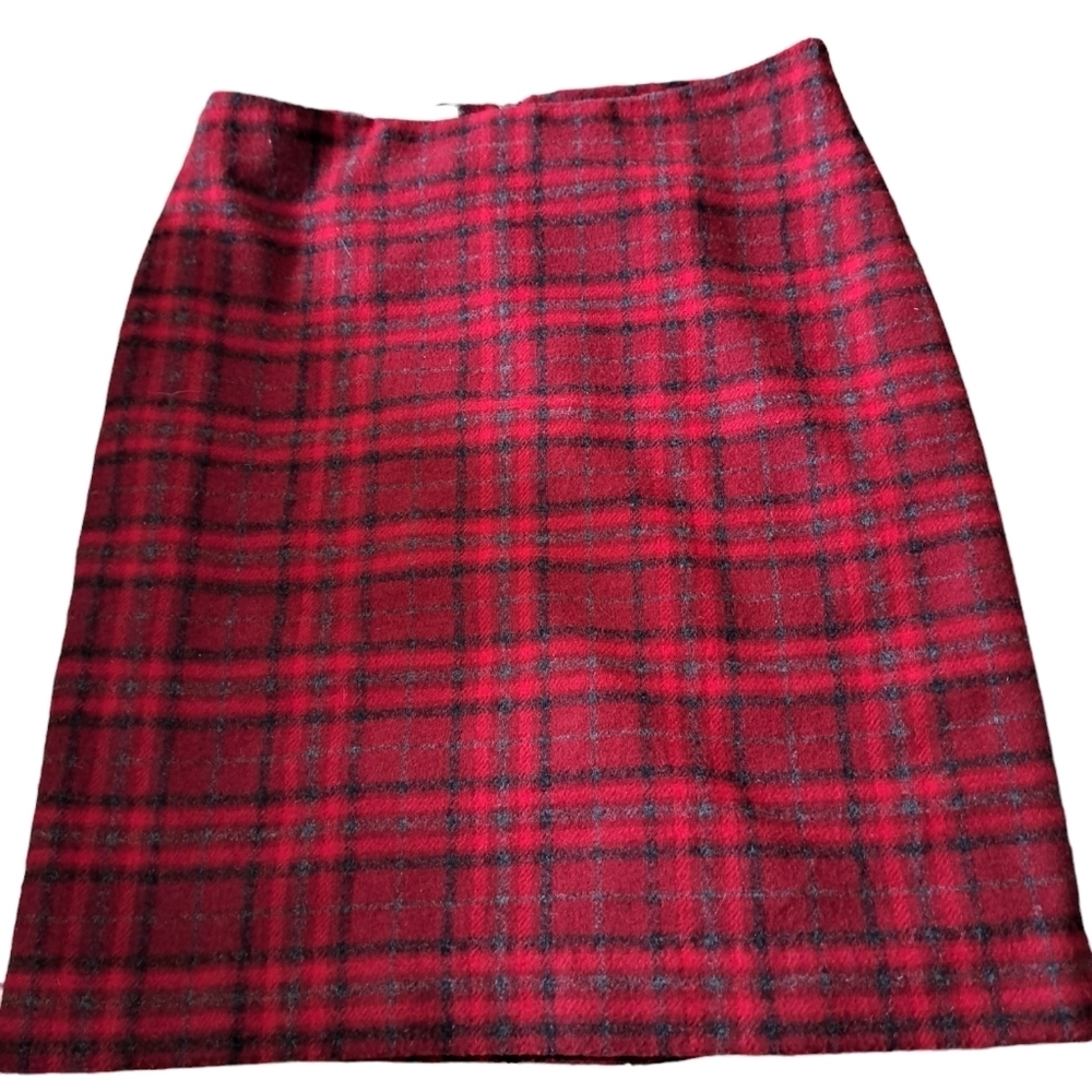 TALBOTS soft plaid short skirt lined wool blend burgundy wine red grey Petites 8
